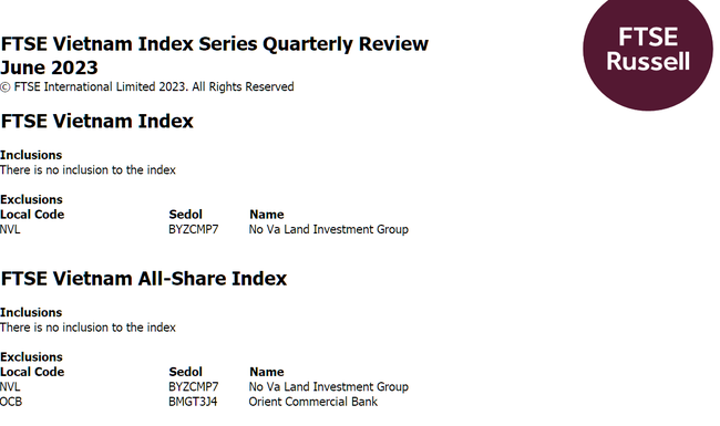 NVL ra khỏi rổ FTSE Vietnam Index trong kỳ review quý 2/2023  ảnh 1